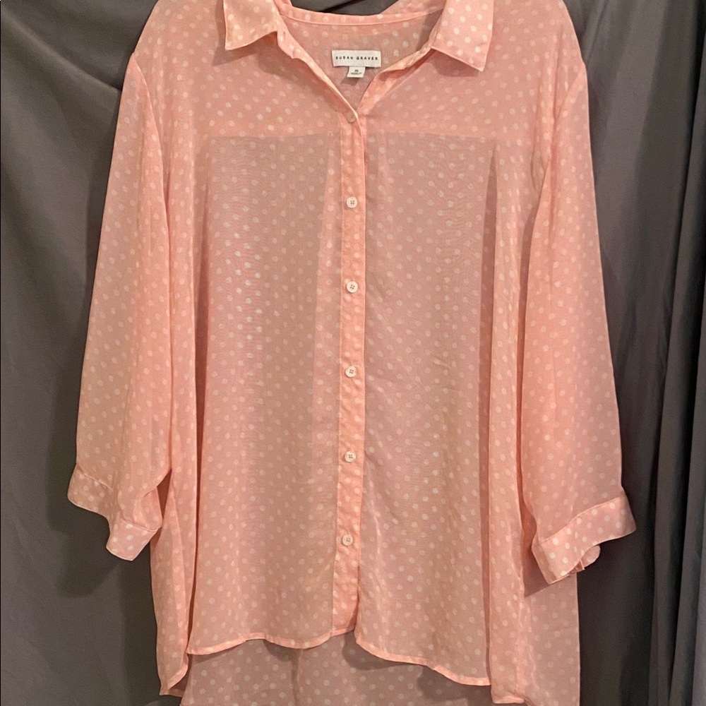 Susan Graver pink polka dot sheer 3/4 sleeve shirt